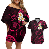 Hawaii Couples Off Shoulder Short Dress and Hawaiian Shirt Kahoolawe Islands Polynesian Sunset Plumeria Pink Vibe LT9 - Wonder Print Shop