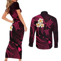 Hawaii Couples Short Sleeve Bodycon Dress and Long Sleeve Button Shirts Kahoolawe Islands Polynesian Sunset Plumeria Pink Vibe LT9 - Wonder Print Shop
