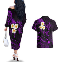 Polynesian Hawaii Couples Off The Shoulder Long Sleeve Dress and Hawaiian Shirt Kahoolawe Islands with Pacific Plumeria Purple Vibe LT9 - Wonder Print Shop