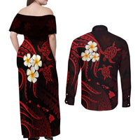 Polynesian Hawaii Couples Off Shoulder Maxi Dress and Long Sleeve Button Shirts Kahoolawe Islands with Pacific Plumeria Red Vibe LT9 - Wonder Print Shop