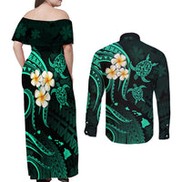 Polynesian Hawaii Couples Off Shoulder Maxi Dress and Long Sleeve Button Shirts Kahoolawe Islands with Pacific Plumeria Turquoise Vibe LT9 - Wonder Print Shop