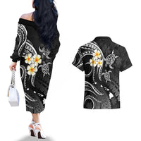 Polynesian Hawaii Couples Off The Shoulder Long Sleeve Dress and Hawaiian Shirt Kahoolawe Islands with Pacific Plumeria White Vibe LT9 - Wonder Print Shop
