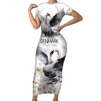 Denmark Mute Swan Short Sleeve Bodycon Dress With Chamomile Daisy Flowers - Wonder Print Shop