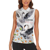 Denmark Mute Swan Women Sleeveless Polo Shirt With Chamomile Daisy Flowers - Wonder Print Shop