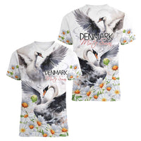 Denmark Mute Swan Women V-Neck T-Shirt With Chamomile Daisy Flowers - Wonder Print Shop