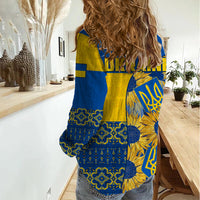 Ukraine Women Casual Shirt Ukrainian Coat of Arms and Folk Sunflower - Wonder Print Shop