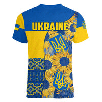 Ukraine Women V Neck T Shirt Ukrainian Coat of Arms and Folk Sunflower - Wonder Print Shop