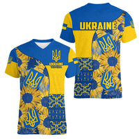 Ukraine Women V Neck T Shirt Ukrainian Coat of Arms and Folk Sunflower - Wonder Print Shop