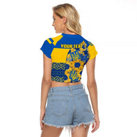 Personalised Ukraine Raglan Cropped T Shirt Ukrainian Coat of Arms and Folk Sunflower - Wonder Print Shop