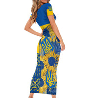 Personalised Ukraine Short Sleeve Bodycon Dress Ukrainian Coat of Arms and Folk Sunflower - Wonder Print Shop