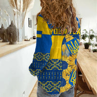 Personalised Ukraine Women Casual Shirt Ukrainian Coat of Arms and Folk Sunflower - Wonder Print Shop