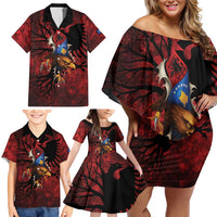 Personalized Kosova Albanian Roots Family Matching Off Shoulder Short Dress and Hawaiian Shirt Kosova Albanian Eagle Flag - Wonder Print Shop