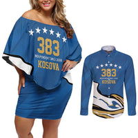 Personalized Kosova Nje Komb Nje Gjak Couples Matching Off Shoulder Short Dress and Long Sleeve Button Shirt Kosova 383 Independent Sice 2008 - Wonder Print Shop