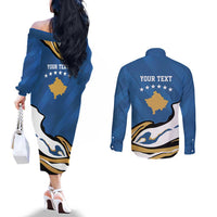 Personalized Kosova Nje Komb Nje Gjak Couples Matching Off The Shoulder Long Sleeve Dress and Long Sleeve Button Shirt Kosova 383 Independent Sice 2008 - Wonder Print Shop