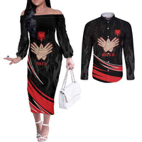 Personalized Shqipe Albania Nation Flag Couples Matching Off The Shoulder Long Sleeve Dress and Long Sleeve Button Shirt Kuq E Zi Tiranaproud Albanian - Wonder Print Shop