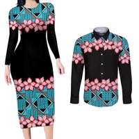 African Adenium Multiflorum Flowers Couples Matching Long Sleeve Bodycon Dress and Long Sleeve Button Shirt with Kente Style LT9 - Wonder Print Shop
