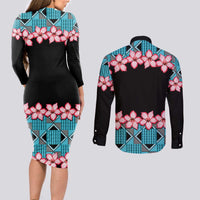 African Adenium Multiflorum Flowers Couples Matching Long Sleeve Bodycon Dress and Long Sleeve Button Shirt with Kente Style LT9 - Wonder Print Shop