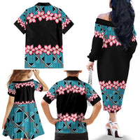 African Adenium Multiflorum Flowers Family Matching Off The Shoulder Long Sleeve Dress and Hawaiian Shirt with Kente Style - Wonder Print Shop