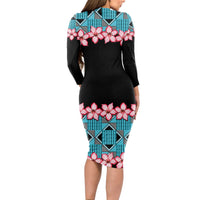 African Adenium Multiflorum Flowers Long Sleeve Bodycon Dress with Kente Style - Wonder Print Shop