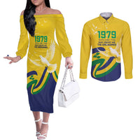 Saint Vincent and the Grenadines Couples Matching Off The Shoulder Long Sleeve Dress and Long Sleeve Button Shirt Gratitude to the Land Pride Since 1979 - Wonder Print Shop