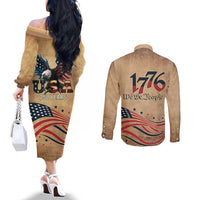 America 250th Anniversary Couples Matching Off The Shoulder Long Sleeve Dress and Long Sleeve Button Shirt Eagle Us Flag July 4Th - Wonder Print Shop