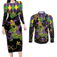Mardi Gras Alligator Couples Matching Long Sleeve Bodycon Dress and Long Sleeve Button Shirt Mardigator On Tuesdays We Wear Beads - Wonder Print Shop