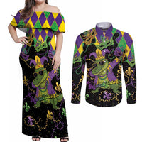 Mardi Gras Alligator Couples Matching Off Shoulder Maxi Dress and Long Sleeve Button Shirt Mardigator On Tuesdays We Wear Beads - Wonder Print Shop