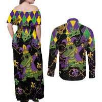 Mardi Gras Alligator Couples Matching Off Shoulder Maxi Dress and Long Sleeve Button Shirt Mardigator On Tuesdays We Wear Beads - Wonder Print Shop