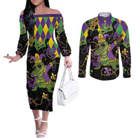 Mardi Gras Alligator Couples Matching Off The Shoulder Long Sleeve Dress and Long Sleeve Button Shirt Mardigator On Tuesdays We Wear Beads - Wonder Print Shop