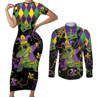 Mardi Gras Alligator Couples Matching Short Sleeve Bodycon Dress and Long Sleeve Button Shirt Mardigator On Tuesdays We Wear Beads - Wonder Print Shop
