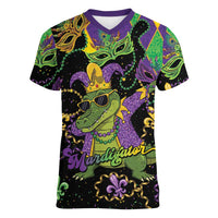 Mardi Gras Alligator Women V-Neck T-Shirt Mardigator On Tuesdays We Wear Beads - Wonder Print Shop