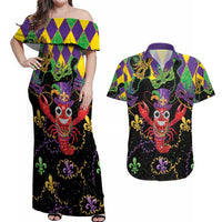 Mardi Gras Crawfish Couples Matching Off Shoulder Maxi Dress and Hawaiian Shirt On Tuesdays We Wear Beads - Wonder Print Shop