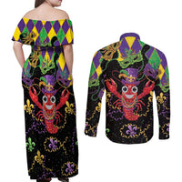 Mardi Gras Crawfish Couples Matching Off Shoulder Maxi Dress and Long Sleeve Button Shirt On Tuesdays We Wear Beads - Wonder Print Shop