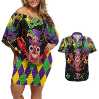 Mardi Gras Crawfish Couples Matching Off Shoulder Short Dress and Hawaiian Shirt On Tuesdays We Wear Beads - Wonder Print Shop