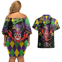 Mardi Gras Crawfish Couples Matching Off Shoulder Short Dress and Hawaiian Shirt On Tuesdays We Wear Beads - Wonder Print Shop