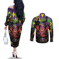 Mardi Gras Crawfish Couples Matching Off The Shoulder Long Sleeve Dress and Long Sleeve Button Shirt On Tuesdays We Wear Beads - Wonder Print Shop