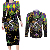 Mardi Gras Pelican Couples Matching Long Sleeve Bodycon Dress and Long Sleeve Button Shirt On Tuesdays We Wear Beads - Wonder Print Shop