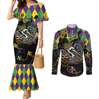 Mardi Gras Pelican Couples Matching Mermaid Dress and Long Sleeve Button Shirt On Tuesdays We Wear Beads - Wonder Print Shop