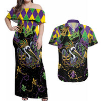 Mardi Gras Pelican Couples Matching Off Shoulder Maxi Dress and Hawaiian Shirt On Tuesdays We Wear Beads - Wonder Print Shop