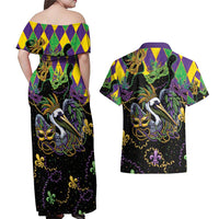 Mardi Gras Pelican Couples Matching Off Shoulder Maxi Dress and Hawaiian Shirt On Tuesdays We Wear Beads - Wonder Print Shop