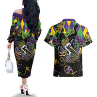 Mardi Gras Pelican Couples Matching Off The Shoulder Long Sleeve Dress and Hawaiian Shirt On Tuesdays We Wear Beads - Wonder Print Shop