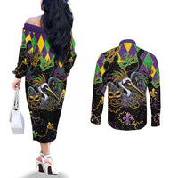 Mardi Gras Pelican Couples Matching Off The Shoulder Long Sleeve Dress and Long Sleeve Button Shirt On Tuesdays We Wear Beads - Wonder Print Shop