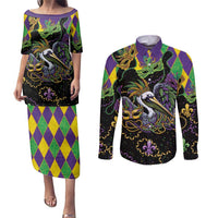 Mardi Gras Pelican Couples Matching Puletasi and Long Sleeve Button Shirt On Tuesdays We Wear Beads - Wonder Print Shop