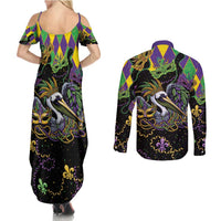 Mardi Gras Pelican Couples Matching Summer Maxi Dress and Long Sleeve Button Shirt On Tuesdays We Wear Beads - Wonder Print Shop