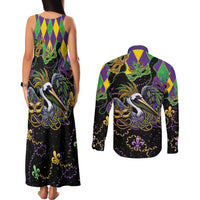 Mardi Gras Pelican Couples Matching Tank Maxi Dress and Long Sleeve Button Shirt On Tuesdays We Wear Beads - Wonder Print Shop
