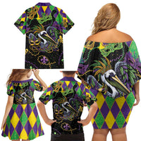 Mardi Gras Pelican Family Matching Off Shoulder Short Dress and Hawaiian Shirt On Tuesdays We Wear Beads - Wonder Print Shop