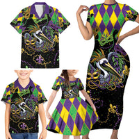 Mardi Gras Pelican Family Matching Short Sleeve Bodycon Dress and Hawaiian Shirt On Tuesdays We Wear Beads - Wonder Print Shop