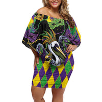 Mardi Gras Pelican Off Shoulder Short Dress On Tuesdays We Wear Beads - Wonder Print Shop