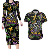 Mardi Gras Pelican Couples Matching Long Sleeve Bodycon Dress and Hawaiian Shirt Throw me Something Mister! - Wonder Print Shop