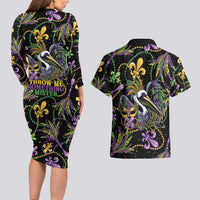 Mardi Gras Pelican Couples Matching Long Sleeve Bodycon Dress and Hawaiian Shirt Throw me Something Mister! - Wonder Print Shop